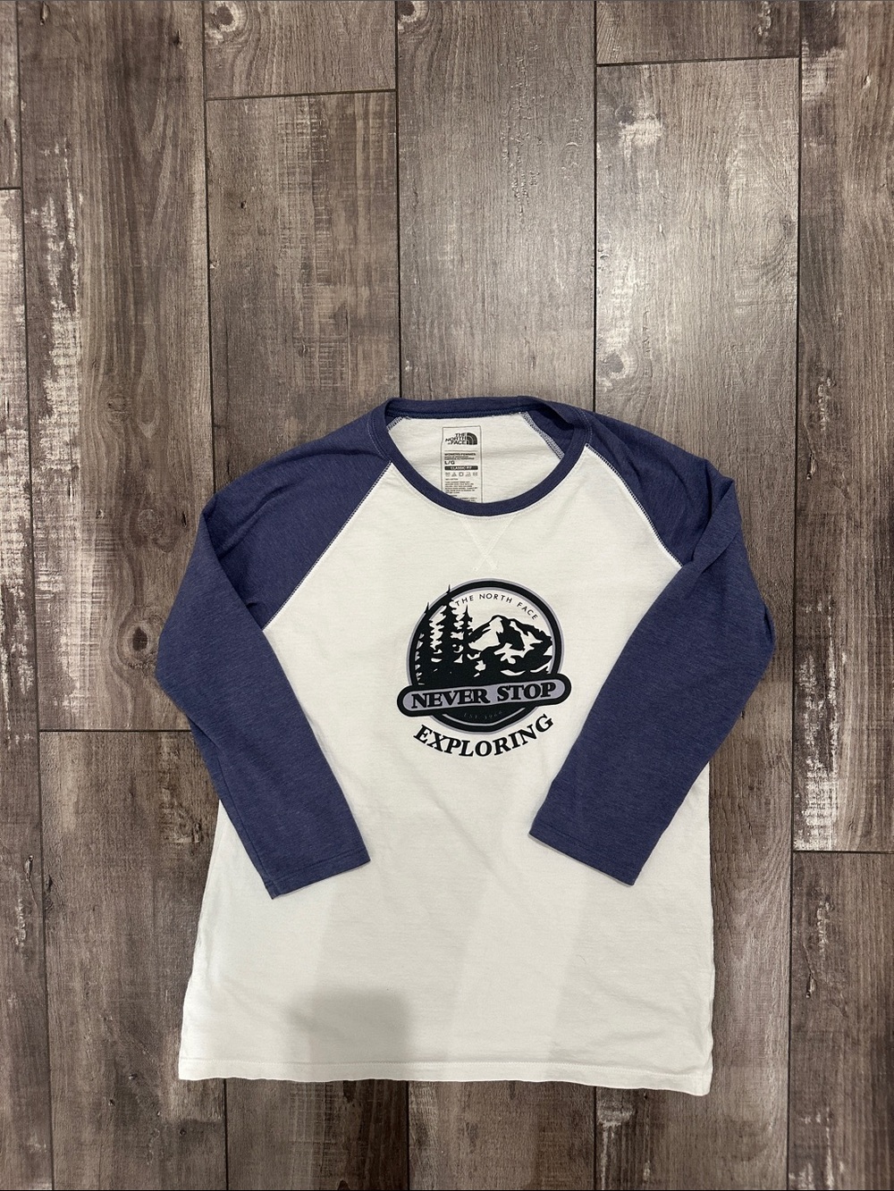 The North Face White & Navy Raglan 'Never Stop Exploring' Long Sleeve Tee
